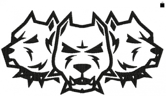 Three-headed pitbull embroidery design in bold spiked collar style, ideal for machine stitching on jackets and apparel