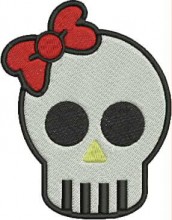 Embroidered cartoon skull with black eyes, red bow on top, and vertical stitched teeth lines, ideal for kids' fashion and Halloween crafts.