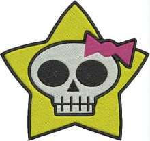 Cute embroidery design of a skull with a pink bow inside a bright yellow star, ideal for girl-themed, Halloween, or fun accessory embroidery projects.